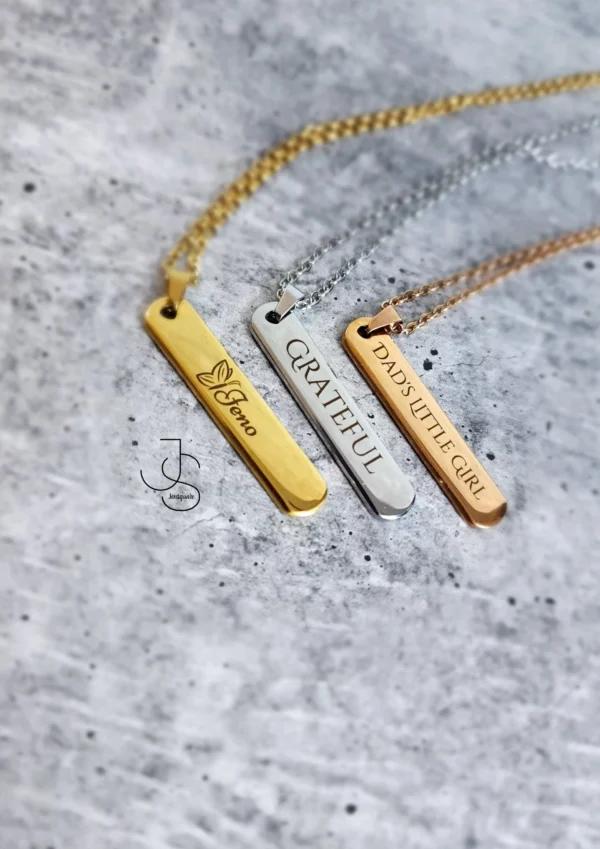 33 NAMETAGS - Customised metallic rectangular pendant Necklace Perfect for Him & Her.