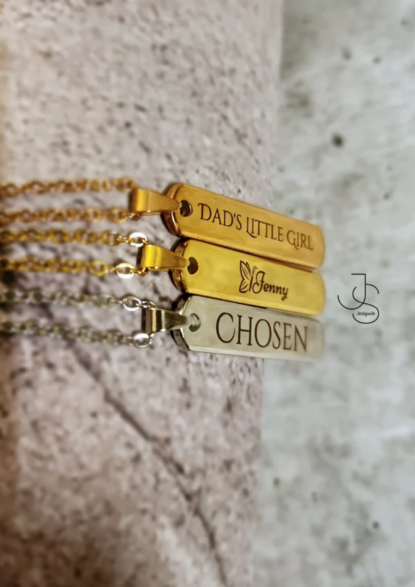 33 NAMETAGS - Customised metallic rectangular pendant Necklace Perfect for Him & Her.