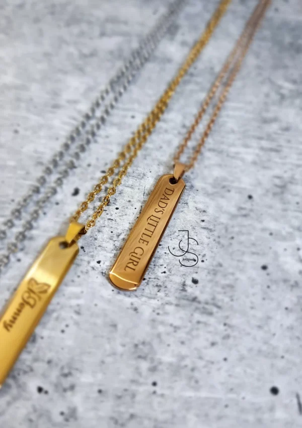 33 NAMETAGS - Customised metallic rectangular pendant Necklace Perfect for Him & Her.
