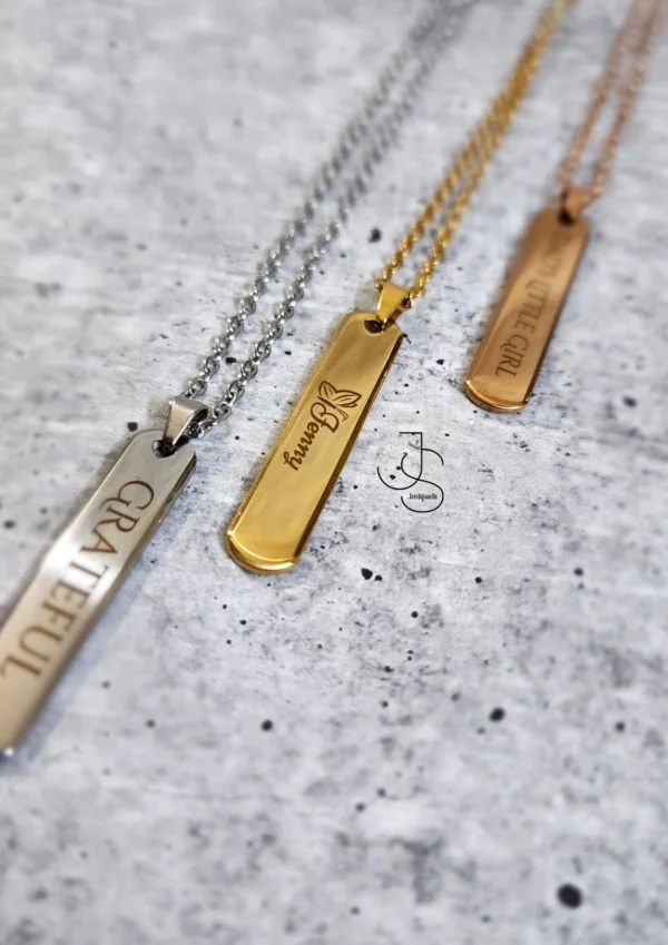 33 NAMETAGS - Customised metallic rectangular pendant Necklace Perfect for Him & Her.