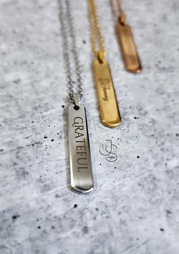33 NAMETAGS - Customised metallic rectangular pendant Necklace Perfect for Him & Her.