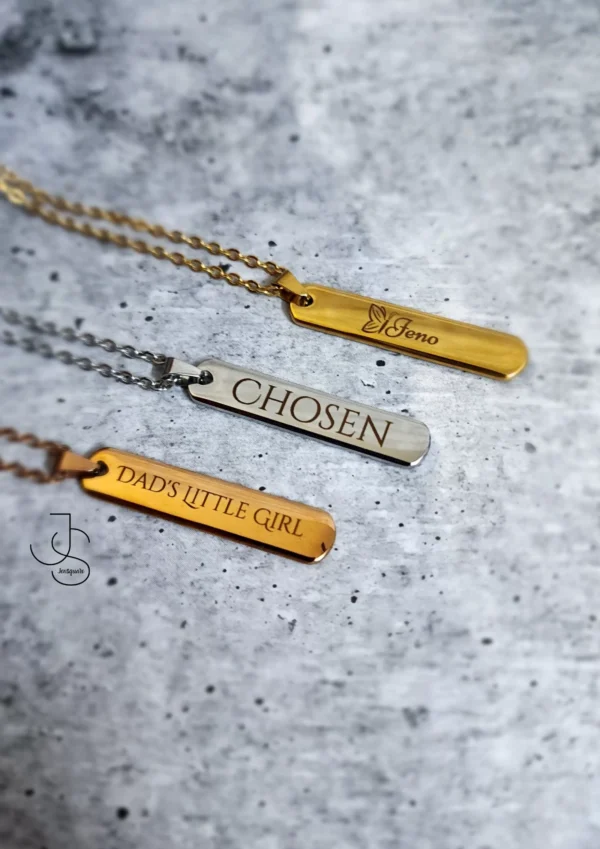 33 NAMETAGS - Customised metallic rectangular pendant Necklace Perfect for Him & Her.