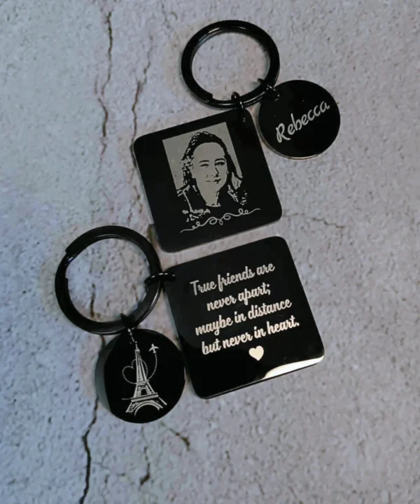 4 IN 1 IMPRINT JenSQUARES - Customised metallic square keychain with image, special date, initials and message