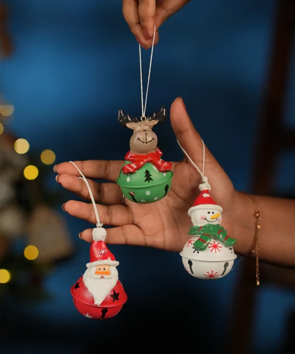 Metal Jingling Santa, Snowman, Reindeer Ornament Bells pack of 3 | Christmas Tree Decoration