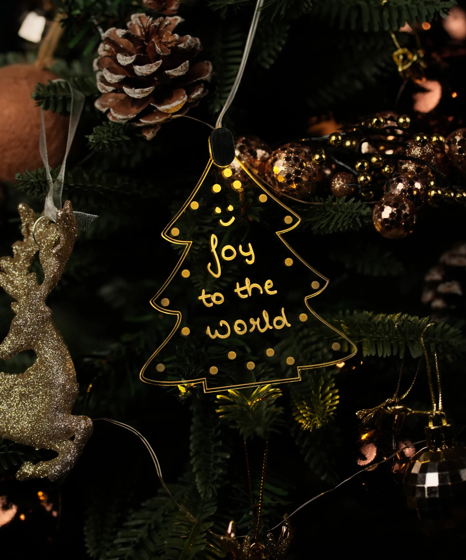 Glowing LED acrylic Christmas ornament | Warm white light decor with white pen