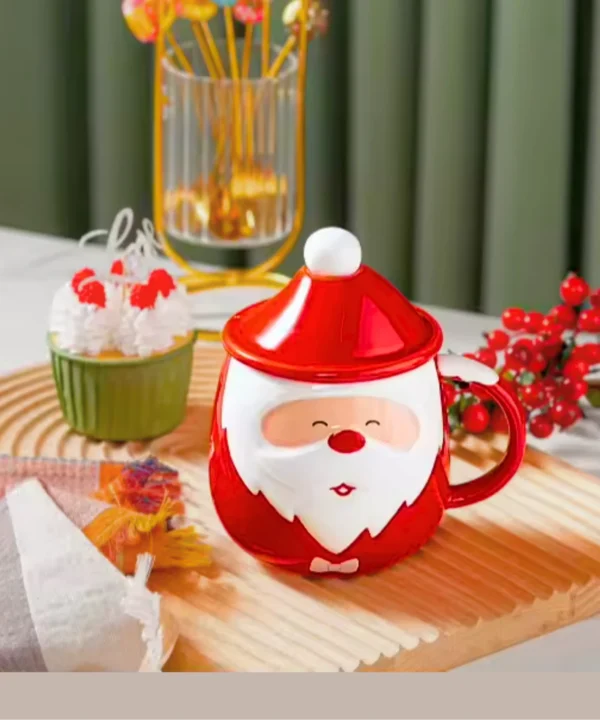 Christmas themed Santa Claus Ceramic Mug With Spoon And Lid | Christmas cutlery 380ml