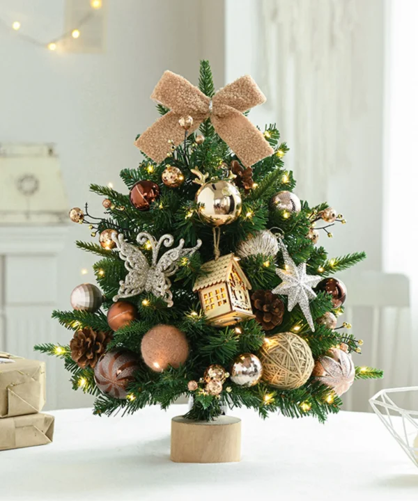 BOHO TABLE TOP CHRISTMAS TREE WITH BROWN DECORATIONS AND LIGHTS - 45cms