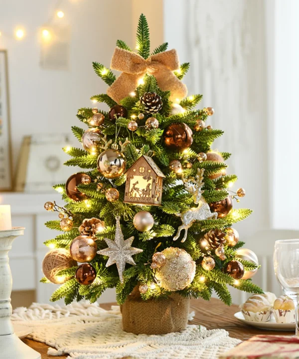 BOHO TABLE TOP CHRISTMAS TREE WITH BROWN DECORATIONS AND LIGHTS - 60cms