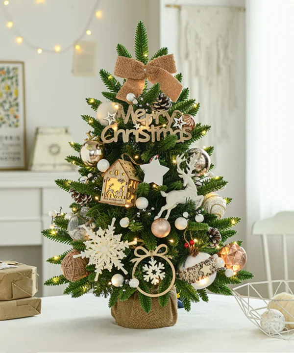 BOHO TABLE TOP CHRISTMAS TREE WITH TAN DECORATIONS AND LIGHTS - 60cms